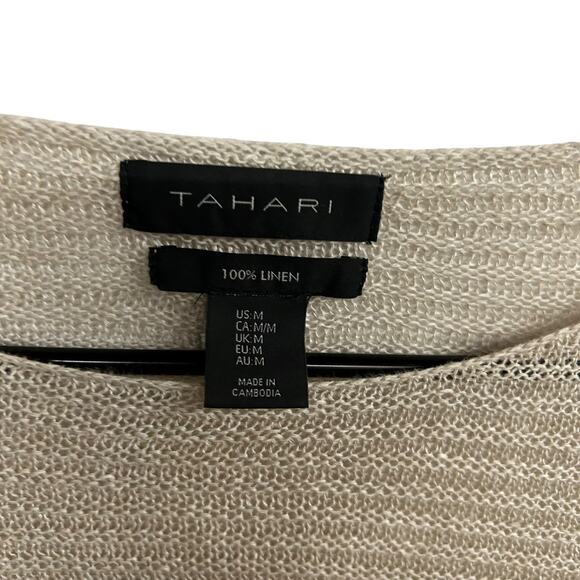 Tahari Linen Knit Sweater M Beige Lightweight Minimalist Quiet Luxury Capsule - Picture 5 of 8